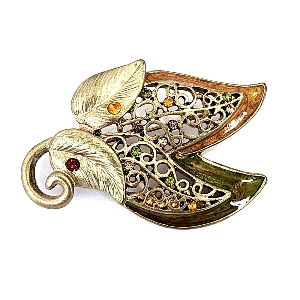 KC Goldtone Filigree Leaf Brooch Lapel Pin Rhinestone Enamel Green Gold Vintage